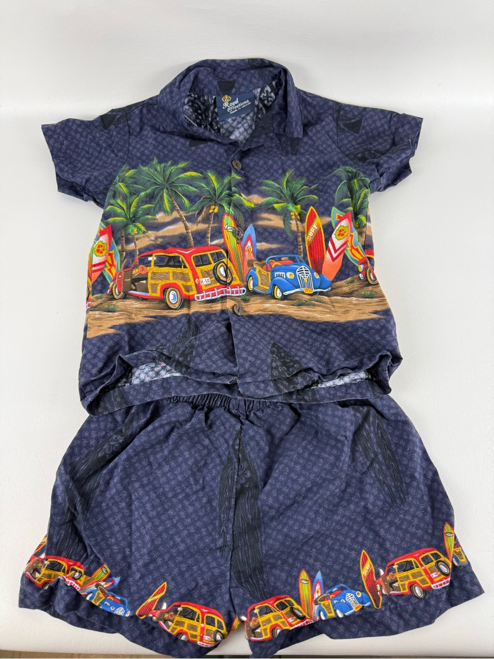Vintage Royal Creations Made in Hawaii Kids Hawaiian Shirt Shorts Set Woodie Car